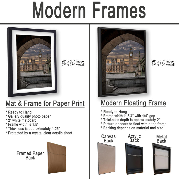 The image is a comparison of modern framed prints and modern floating frames, showcasing the differences in their design, materials, and applications.