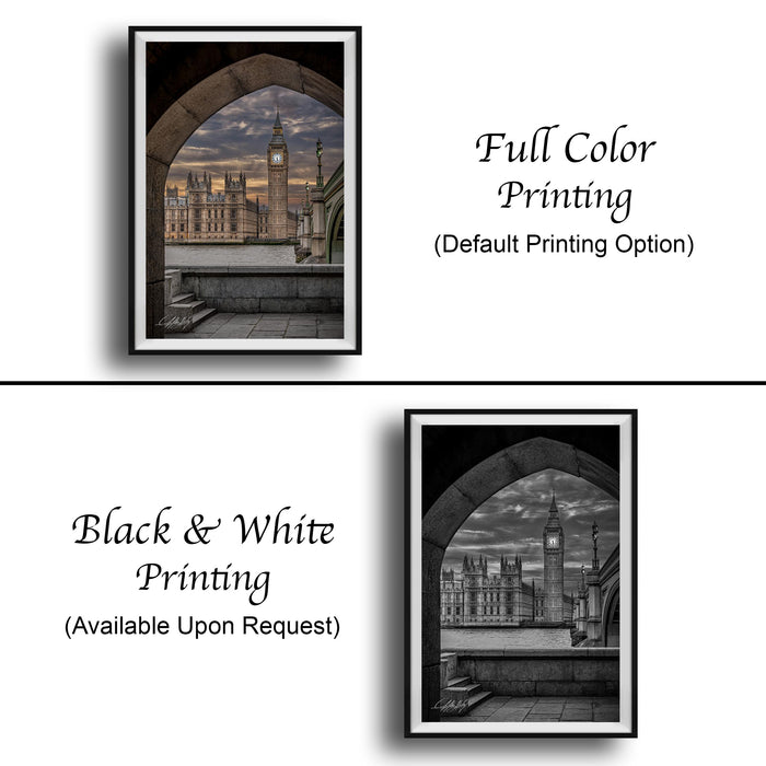 The image is a collage of two framed pictures, one showing a city skyline at sunset and the other depicting a city skyline. The text below the images indicates that the full color printing is available upon request, and the black and white printing is also available.