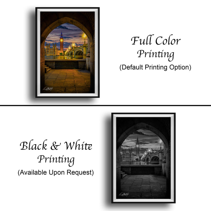 The image is a collage of two framed pictures, one in black and white and the other in full color. The black and white picture shows a city street at night, while the full color picture depicts a city skyline at sunset. Both pictures are framed with a black border and are available upon request.