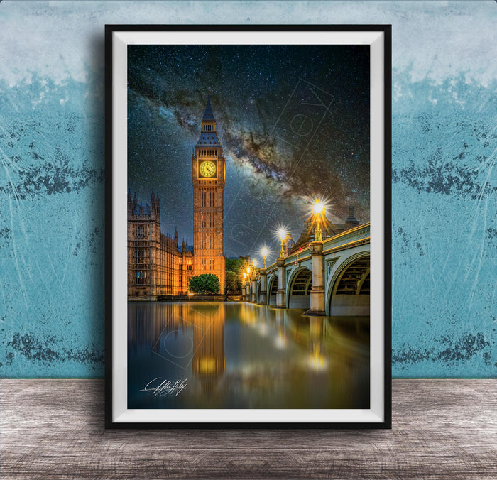 a night scene in London, featuring the iconic Big Ben clock tower and the River Thames, with a starry sky overhead.