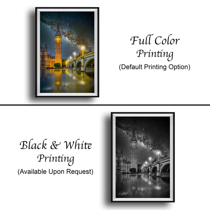 The image is a collage of two framed pictures. The top picture is a full-color print of Big Ben at night, while the bottom picture is a black and white print of the same scene. Both pictures are framed and available upon request.