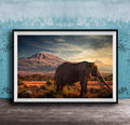 A framed photograph of an elephant standing in a grassy field with a mountain in the background, under a cloudy sky.