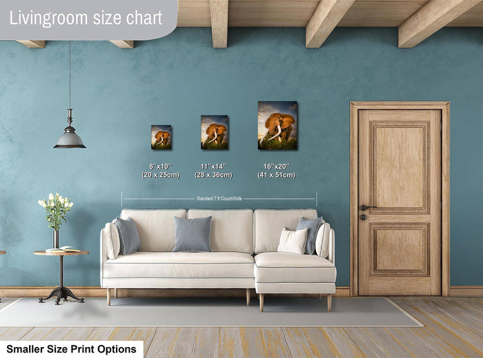 a living room with a white sofa and a wooden door. Above the sofa, there is a size chart indicating the dimensions of three framed pictures of elephants. The chart provides the dimensions in inches and centimeters, allowing for a better understanding of the size of the artwork.