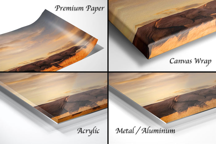 The image is a collage of four different types of printed materials, including a canvas wrap, a premium paper, an acrylic, and a metal/aluminum.
