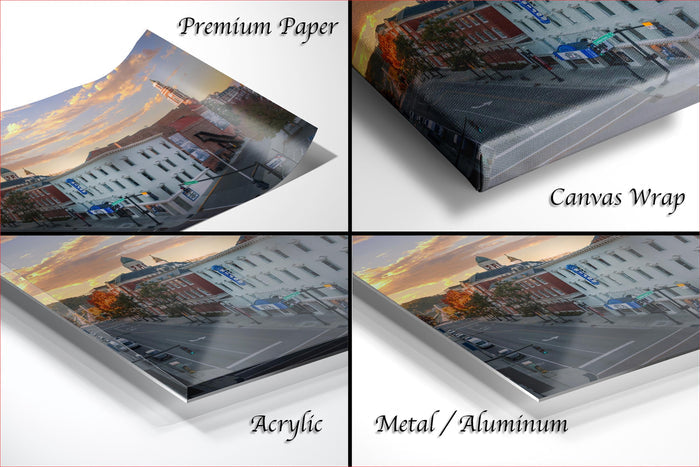 The image is a collage of four different views of a city street at sunset, with the cityscape and sky visible in each frame.