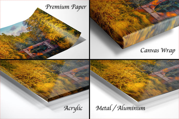 The image is a collage of four different views of a landscape, including a bridge, trees, and a body of water. The collage is labeled as "Premium Paper", "Canvas Wrap", "Acrylic", and "Metal/Aluminum".