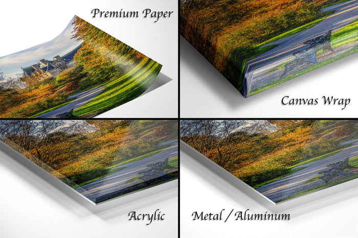 The image is a collage of four different views of a landscape, including a premium paper print, a canvas wrap, an acrylic print, and a metal/aluminum print.