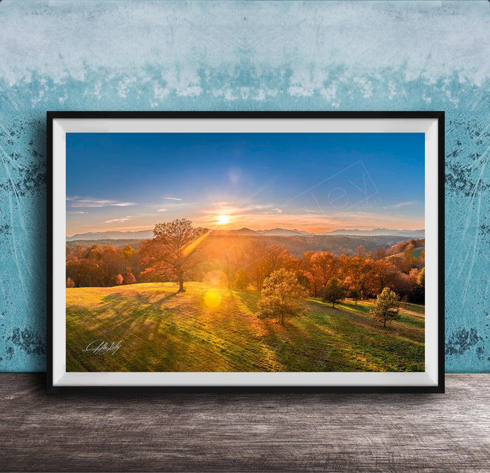 The image is a framed photograph depicting a scenic landscape with a sunset over a field of trees.