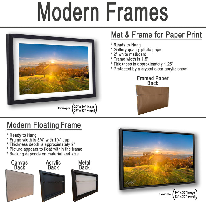 The image is a collage of two framed pictures, one of a mat and frame for paper print and the other of a modern floating frame. The mat and frame for paper print is ready to hang, has a gallery quality photo paper, a white matboard, a frame width of 1½", and is approximately 1.25" thick. The modern floating frame has a frame width of 3½", a 14" gap, a picture that appears to float within the frame, and is made of metal and size 22 x 30" (2").