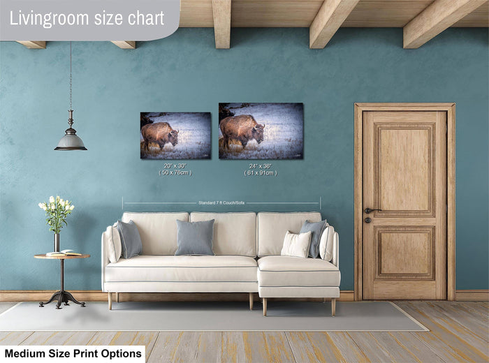 a living room with blue walls and a white couch