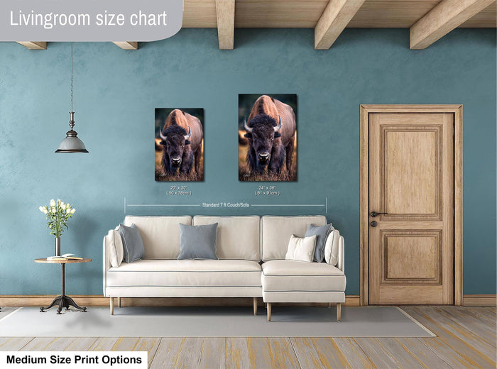 a living room with a white sofa, a wooden door, and a painting of a buffalo on the wall.