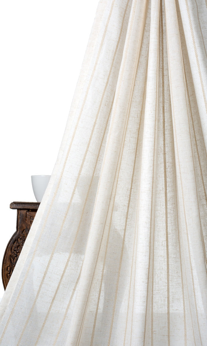 Striped Sheer Linen Blend Home Décor Fabric By the Metre (White/ Beige)