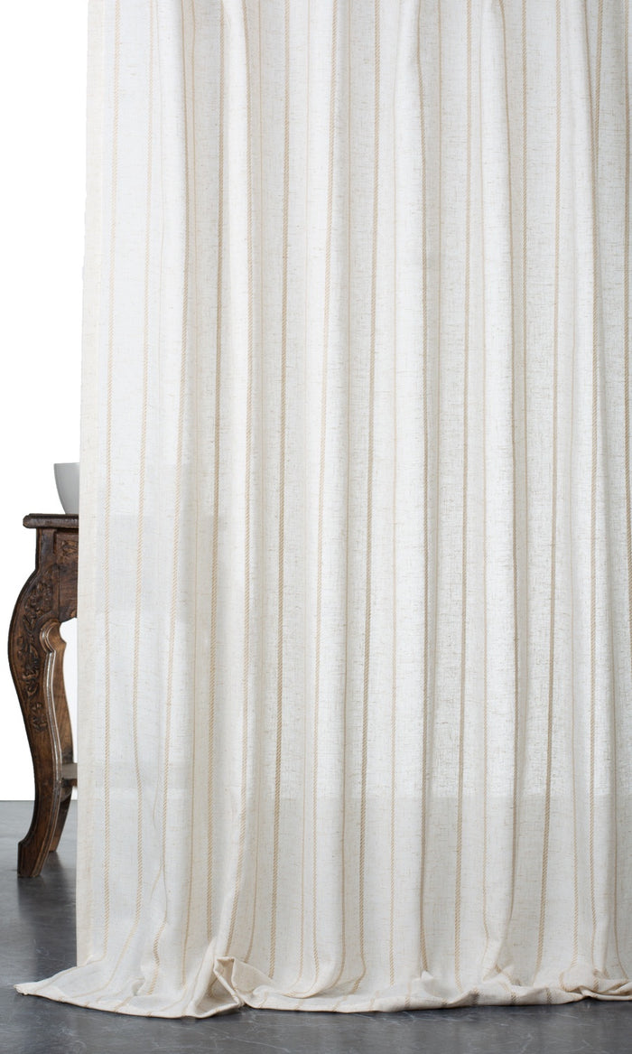Striped Sheer Linen Blend Fabric Material By the Metre (White/ Beige)