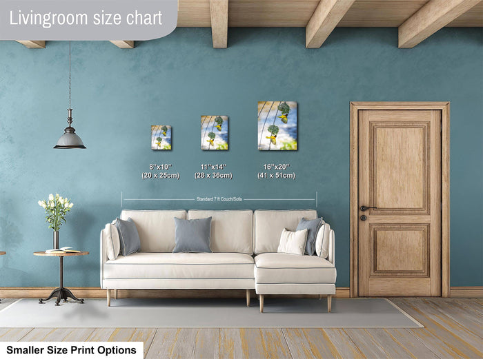 a living room with a white sofa, a wooden door, and a hanging light fixture. There are three framed artworks displayed on the wall, each with a different size and frame. The living room appears to be well-decorated and spacious.