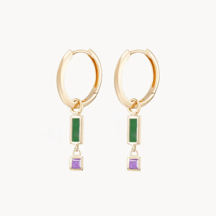 Blessings Abound Malachite Earring Charm in 10k yellow gold with malachite and amethyst gemstones, alternate angle detail view
