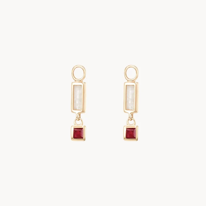 Blessings Abound Moonstone Earring Charm in 10k yellow gold with moonstone and ruby gemstones