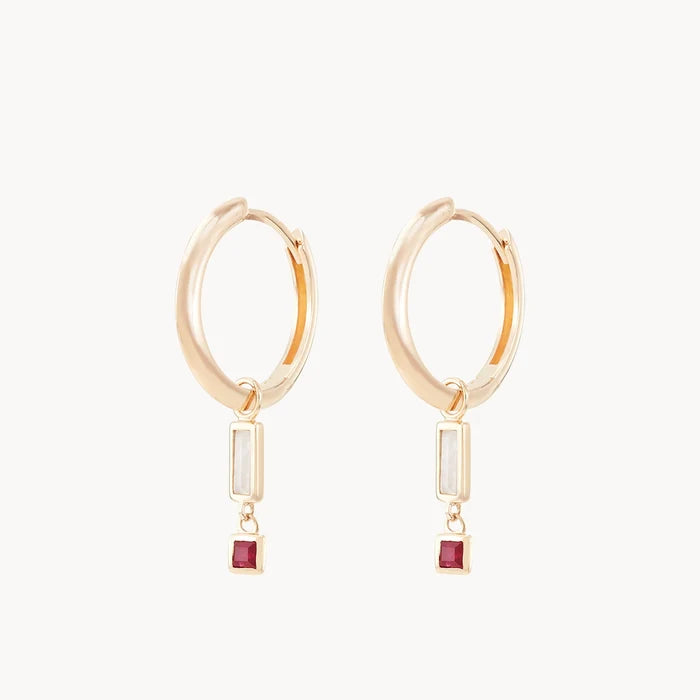 Blessings Abound Moonstone Earring Charm in 10k yellow gold with moonstone and ruby gemstones, alternate angle detail view 2