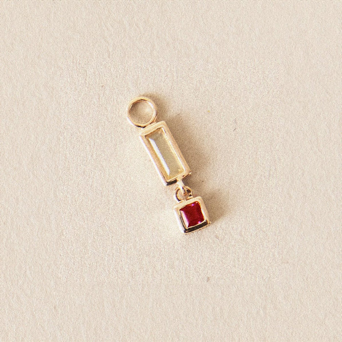 Blessings Abound Moonstone Earring Charm in 10k yellow gold with moonstone and ruby gemstones, alternate angle detail view 3