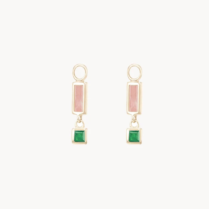 Blessings Abound Rhodochrosite Earring Charm in 10k yellow gold with rhodochrosite and emerald gemstones