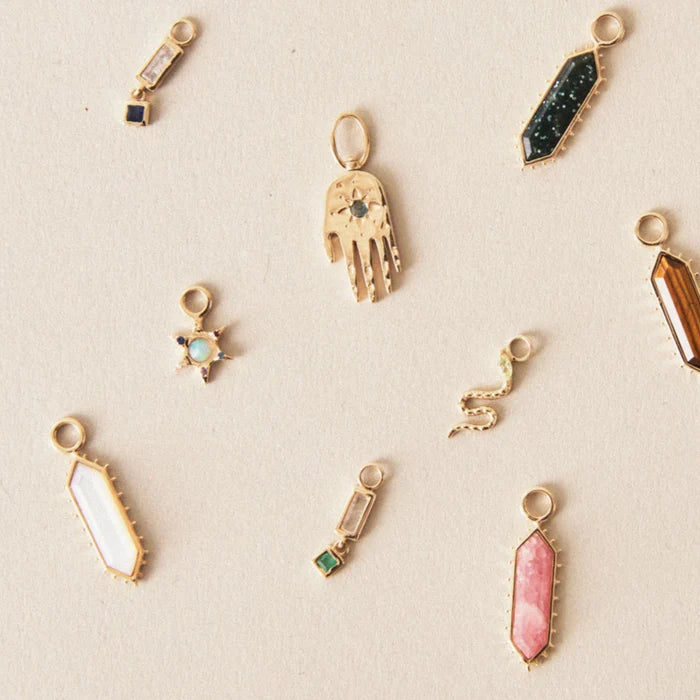 Blessings Abound Rhodochrosite Earring Charm in 10k yellow gold with rhodochrosite and emerald gemstones, alternate angle detail view