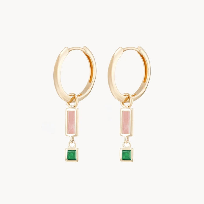 Blessings Abound Rhodochrosite Earring Charm in 10k yellow gold with rhodochrosite and emerald gemstones, alternate angle detail view 2