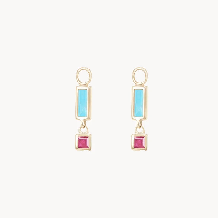 Blessings Abound Turquoise Earring Charm in 10k yellow gold with turquoise and pink tourmaline gemstones