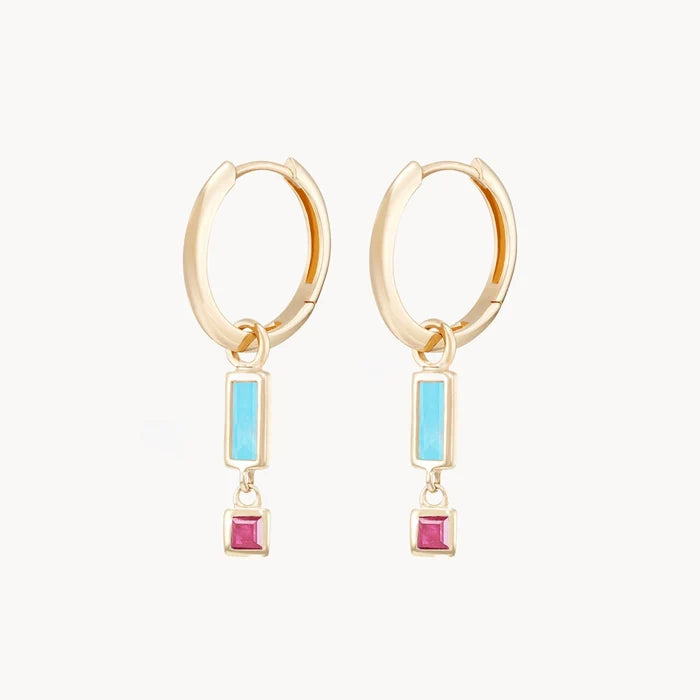 Blessings Abound Turquoise Earring Charm in 10k yellow gold with turquoise and pink tourmaline gemstones, alternate angle detail view