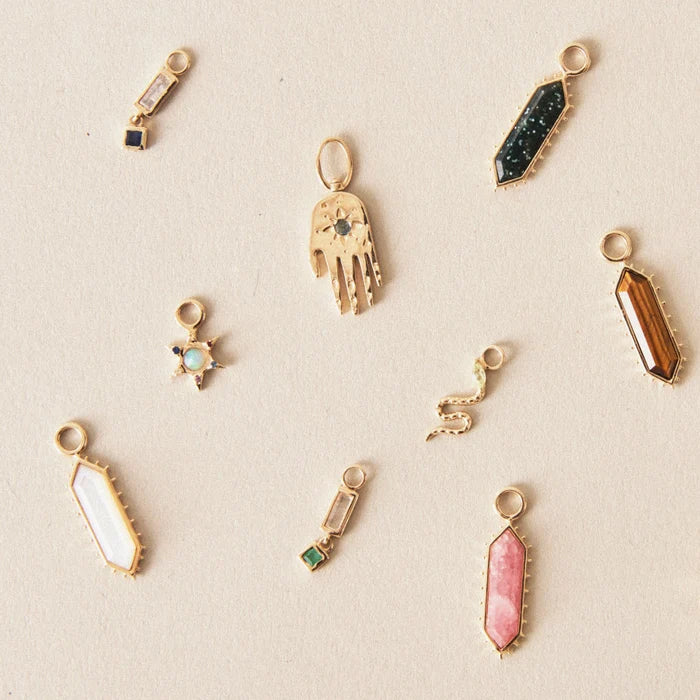 Blessings Abound Turquoise Earring Charm in 10k yellow gold with turquoise and pink tourmaline gemstones, alternate angle detail view 2