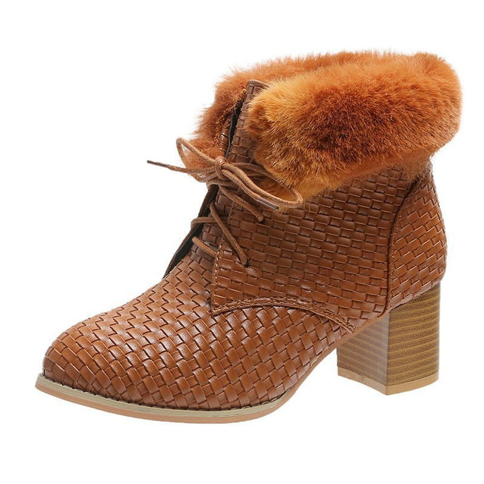 Block-Heeled Warm Sequin Lace-Up Boots