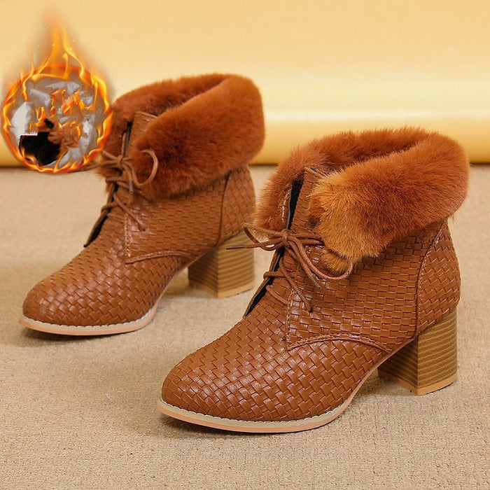 Block-Heeled Warm Sequin Lace-Up Boots