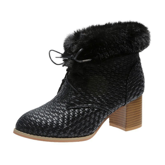 Block-Heeled Warm Sequin Lace-Up Boots