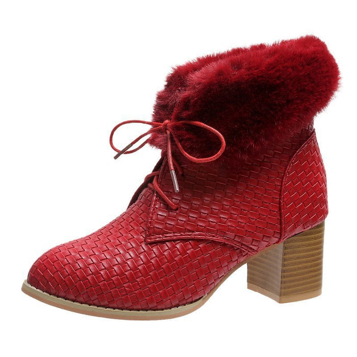 Block-Heeled Warm Sequin Lace-Up Boots
