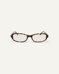 Face shot of Bonnie Clyde Blondie optical frames in tortoise with clear lenses.
