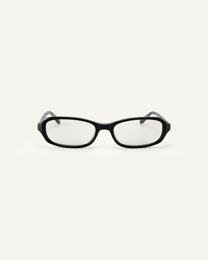 Face shot of Bonnie Clyde Blondie optical frames in black with clear lenses.