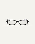 Face shot of Bonnie Clyde Blondie optical frames in black with clear lenses.