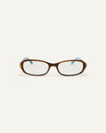 Face shot of Bonnie Clyde Blondie optical frames in layered teal demi with clear lenses.