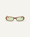 Face shot of Bonnie Clyde Blondie sunglasses in brown with green lenses.
