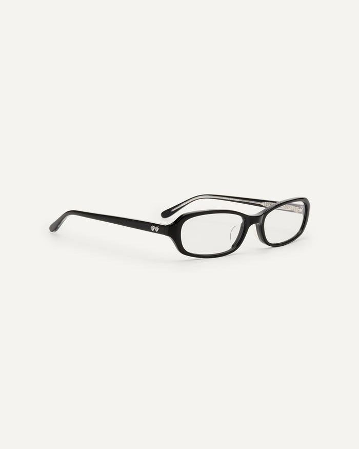 Close-up shot of Bonnie Clyde Blondie optical frames in black with clear lenses.
