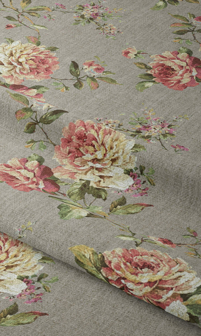 Country Floral Fabric Material By the Metre (Grey/ Pink)