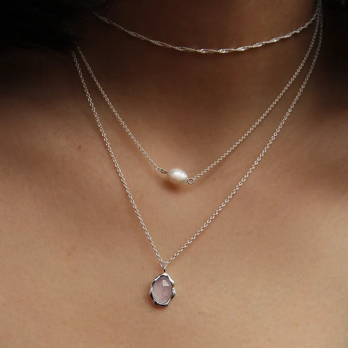 Blue Chalcedony Mood Necklace Silver in sterling silver with blue chalcedony, alternate angle detail view
