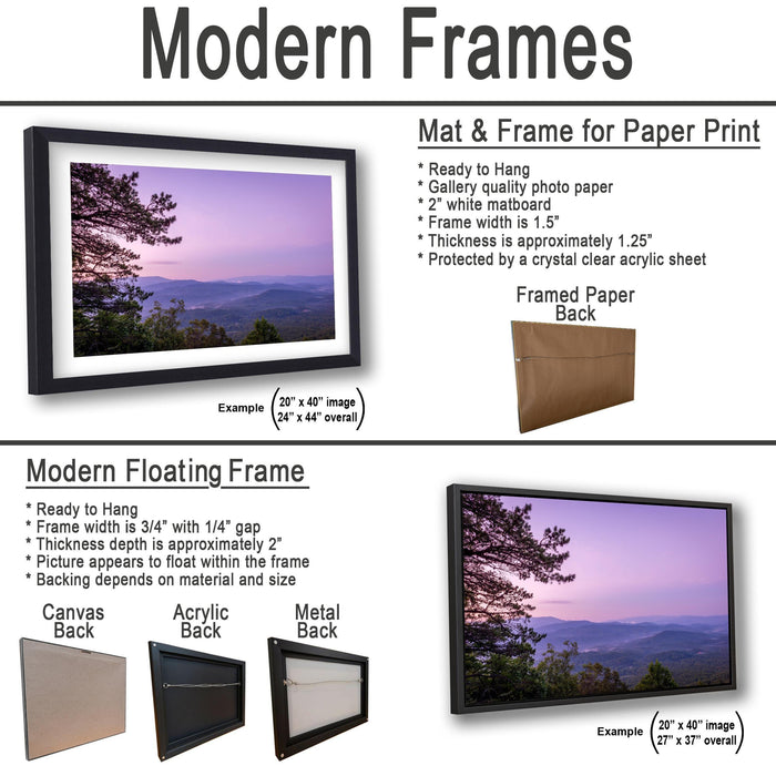 The image is a comparison of modern frames and floating frames for displaying pictures. It shows two different types of frames, one with a mat and the other with a floating frame, both featuring pictures of a sunset. The text provides information about the frames, including their sizes, materials, and how they are hung.