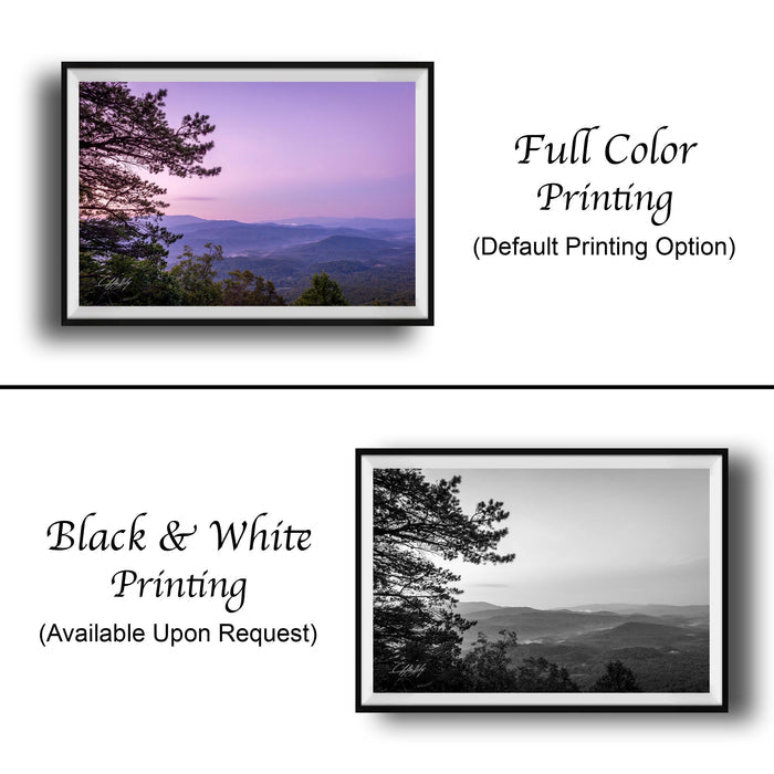 The image is a collage of two framed pictures. The top picture is a full color print of a scenic mountain landscape at sunset, while the bottom picture is a black and white print of the same mountain landscape. Both pictures are framed and available upon request.