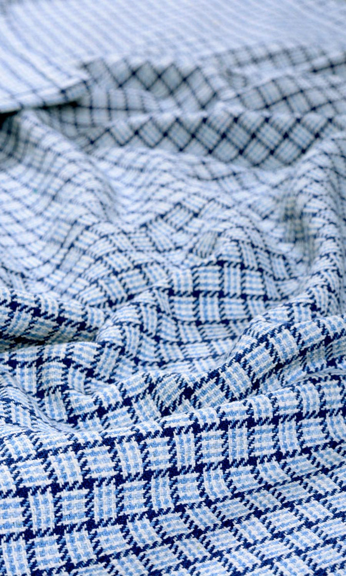 Basketweave Any Size Style Curtains (Blue/ Sky Blue/ White)