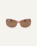Face shot of Bonnie Clyde Body rounded square sunglasses in layered pink with brown lenses.