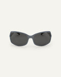 Face shot of Bonnie Clyde Body rounded square sunglasses in layered silver with black lenses.