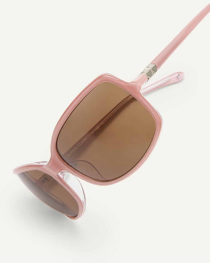 Additional view of Bonnie Clyde Body rounded square sunglasses in layered pink with brown lenses.
