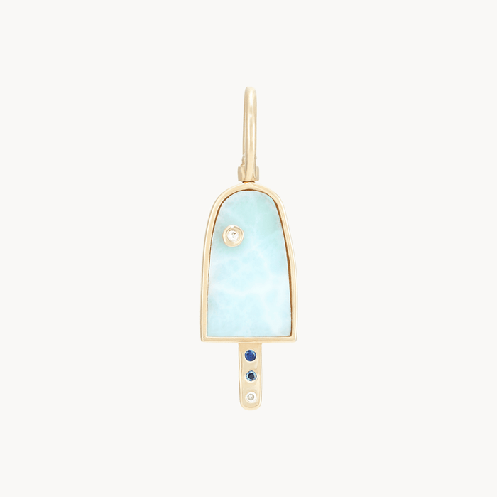 Bohemian Summer Popsicle Charm in 10k yellow gold with larimar gemstone and diamonds and sapphires