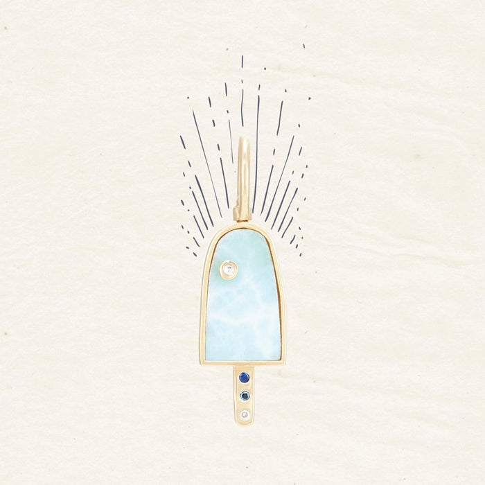 Bohemian Summer Popsicle Charm in 10k yellow gold with larimar gemstone and diamonds and sapphires, alternate angle detail view