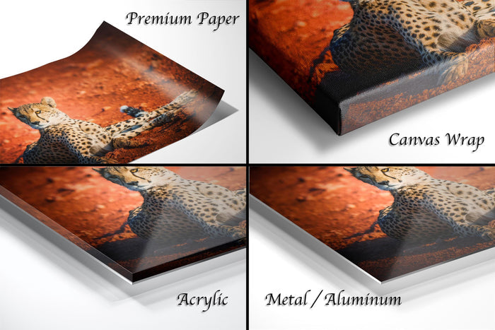 The image is a collage of four different views of a cheetah on a red surface, with each view labeled as "Premium Paper", "Canvas Wrap", "Acrylic", and "Metal/Aluminum".