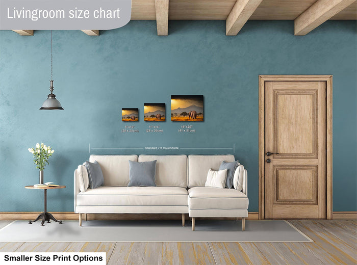 a living room with a white sofa, a wooden door, and a painting on the wall. The painting is of a landscape with mountains in the background. The living room appears to be designed for a smaller space, as indicated by the size chart provided.